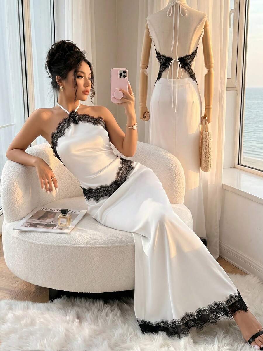 Elenzga SHEIN Elenzya Ensemble 2 pièces femme élégant, débardeur à encolure ras-du-cou sans manches et jupe en tissu brillant avec empiècement en dentelle de couleur unie. Convient pour les sorties, les rendez-vous et les séances photo, printemps/été - Nude - Voir 1