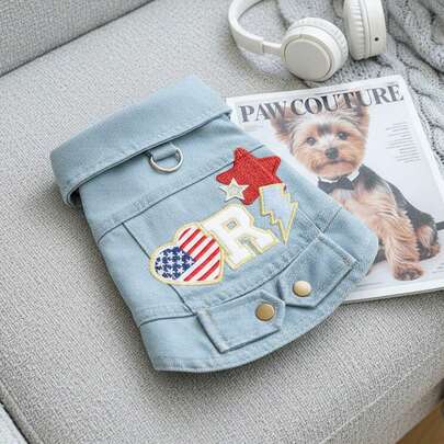PETSIN 1pc Cat And Dog Clothing, Embroidered Star Heart Light Blue Pet Jacket Casual, Fashionable And Comfortable Small Dog Top
