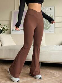 SHEIN EZwear Women's Solid Color Overlapping V-Waist Flare Pants - Brown - View 4