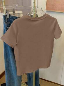 Women's Cartoon Bear Embossed Short Sleeve Round Neck T-Shirt - Brown - View 2