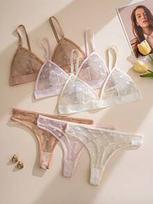 PetitDoll Conjunto de lencería de 6 piezas con sujetador triangular sin aros, de malla jacquard transparente con diseño de corazón, para el Día de San Valentín - Multicolor - Ver 4