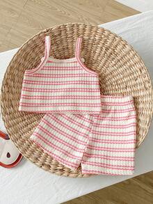 Playful Pals Baby GirlSummer Red & White Wavy Striped Camisole And Shorts 2 Pieces Set, Suitable For Casual Outings, Vacation And Travel - Pink - View 2