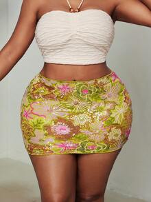 Maweii Plus Size Floral Sequin Bodycon Mini Skirt - Multicolor - View 1