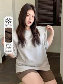 Dazy Plus Bộ đồ ngủ ngắn tay/quần đùi màu trơn dáng rộng, cỡ lớn dành cho nữ, gồm 2 món. - Màu be - Xem 1