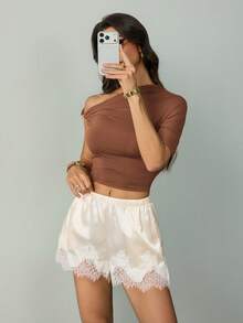 SHEIN Tall Women's White Summer Elegant Sleep Satin Lace Trim Loose Shorts, Elastic Waist Ruffled Bloomers, Casual Cream Vacation Outfits, Elegant Spring Look, Tall Women - Apricot - View 4