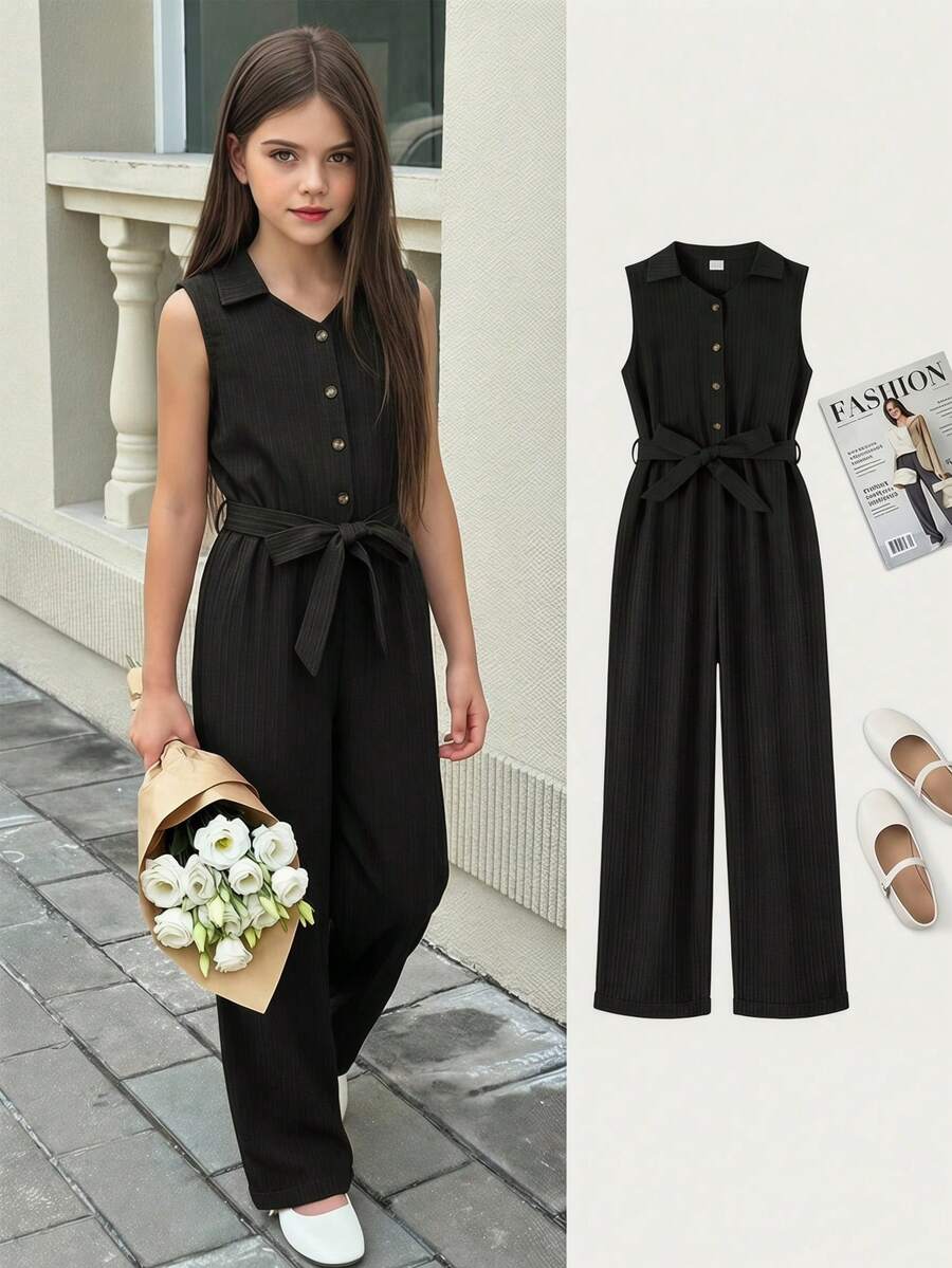 SHEIN Bộ áo liền quần cho bé gái, kiểu dáng thường ngày, cổ chữ V, không tay, có thắt lưng, ống rộng, màu trơn, thích hợp cho kỳ nghỉ xuân hè, du lịch. - màu đen - Xem 1