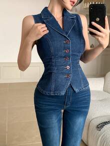 女士休闲日常通勤单排扣褶裥修身无袖牛仔衬衫，夏季 - 深色水洗藍 - 查看 7