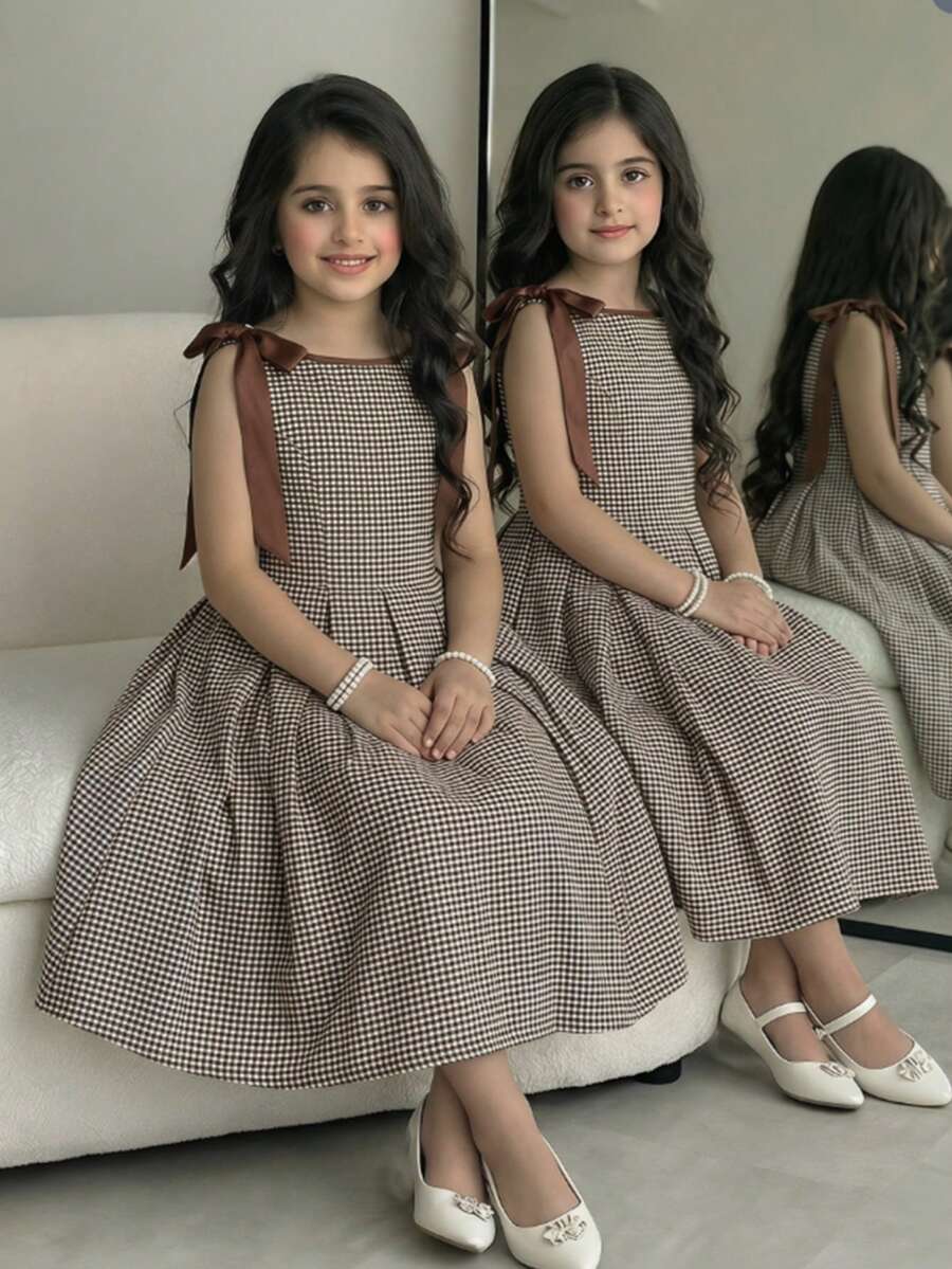 Tween Girls' Plaid Knot Shoulder Pleated Casual Vacation Dress - Multicolor - View 1