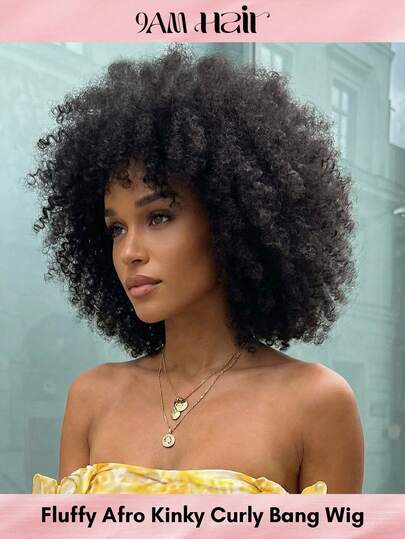 短款非洲卷曲蓬松假发，带刘海，150%高密度真人发，即戴即用，蓬松卷曲刘海，无需胶水，适合新手日常佩戴，易于安装，外观自然，柔软有弹性的卷发，佩戴舒适，一戴即走，非洲卷曲蓬松质感，非洲风格，休闲时尚，适合派对、夏季节日、婚礼等特殊场合，易于打理，日常使用。