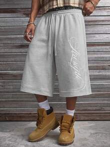 AXEPEAK 男士字母印花抽绳腰休闲短裤 - 灰色 - 查看 1