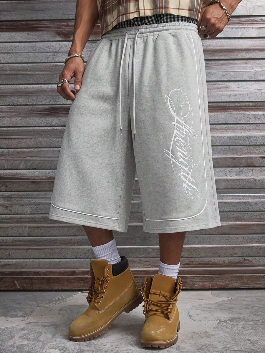 AXEPEAK 男士字母印花抽绳腰休闲短裤 - 灰色 - 查看 1