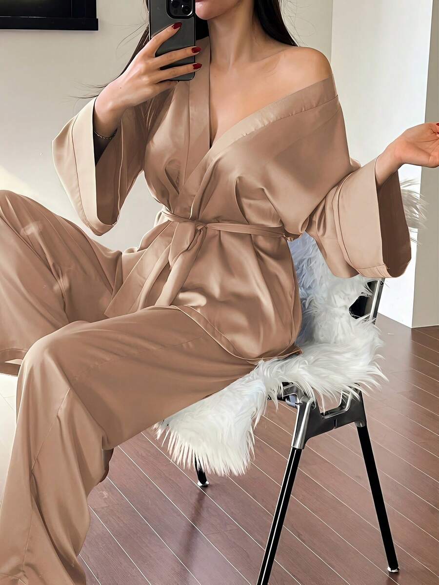 DAZY 2pcs Women's Spring Satin Robe & Pants Set, Minimalist Elegant Sleepwear Outfit - Khaki - View 1