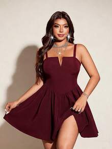 SHEIN Galaire Đầm cocktail nhẹ, thanh lịch, cỡ lớn dành cho nữ, kiểu dây mảnh, thích hợp dự tiệc. - Màu Đỏ Sâu - Xem 3