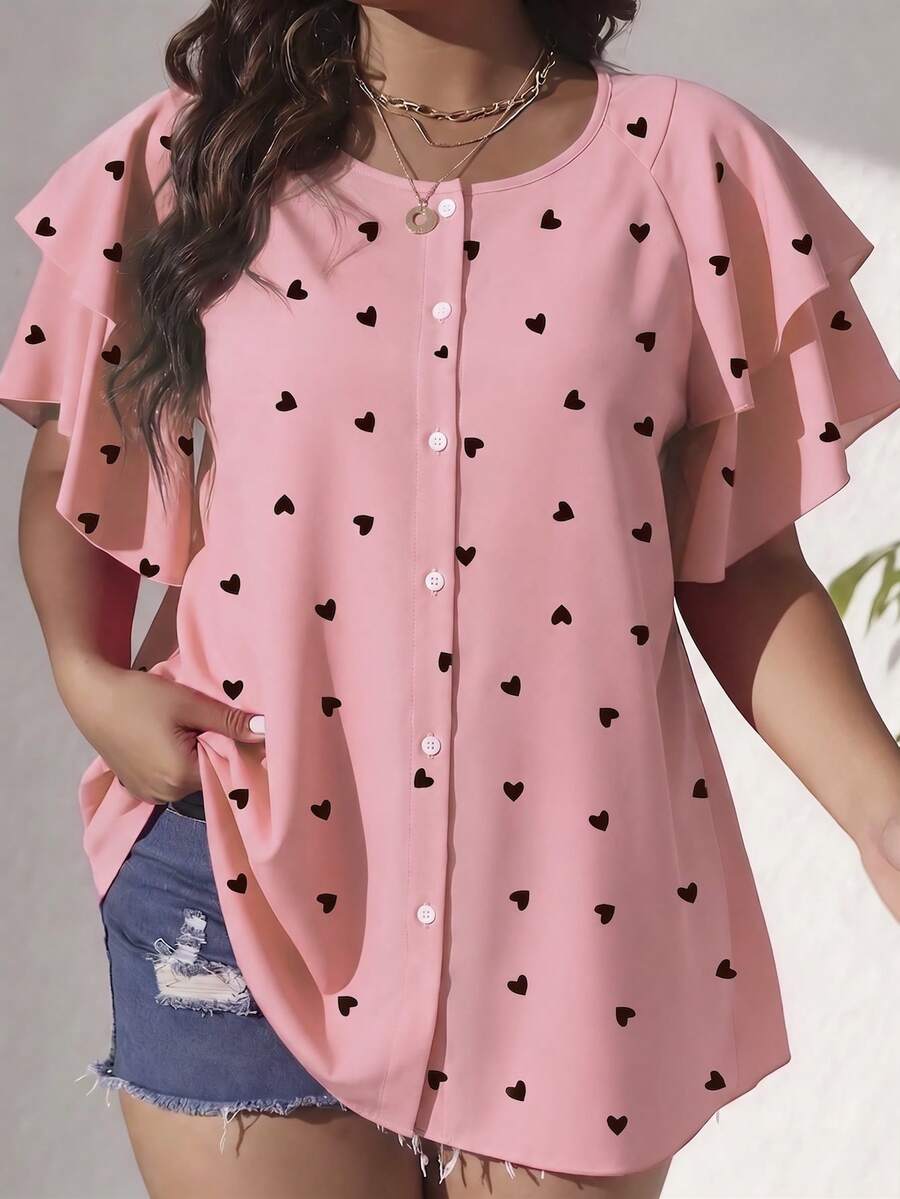 EMERY ROSE Plus Size Round Neck Pink Cute Heart Print Ruffle Sleeve Loose Casual Blouse, Suitable For Daily, Dating Brunch, Party, Holiday, And Summer - Pink - View 1