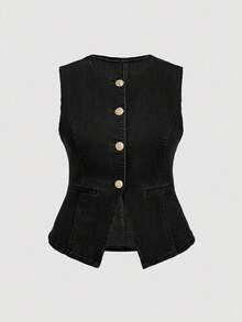 SHEIN MOD Bộ 2 món áo vest và quần jean cài cúc phía trước cỡ lớn. - màu đen - Xem 8
