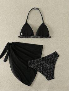 SHEIN 少女三件套泳装：碎花比基尼上衣、泳裤和系带半身裙，蓝白碎花比基尼套装，夏季泳装 - 黑色 - 查看 2