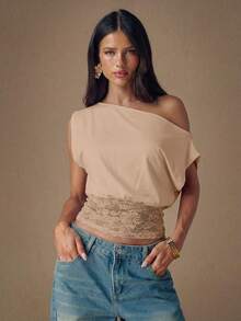 SHEIN BAE Áo kiểu nữ màu đen dệt kim phối ren, vai lệch, thời trang, thích hợp cho mùa Thu/Đông. - Màu Khaki - Xem 5