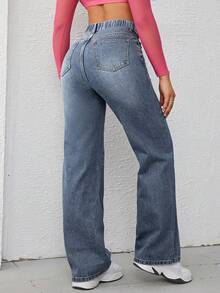 Jeanoix Plus Size Women Casual High Street Daily Commute Versatile Straight Leg Jeans Occasion Blue Summer - Medium Wash - View 2