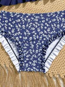 SHEIN Tween Girl Summer Navy Blue Ditsy Floral 2-Piece Swimwear, With Ruffled Shoulder Straps, Chest Band, And Leg Openings, Fashionable Resort Style, Suitable For Summer Beach, Swimming, Hot Spring - Navy Blue - View 5