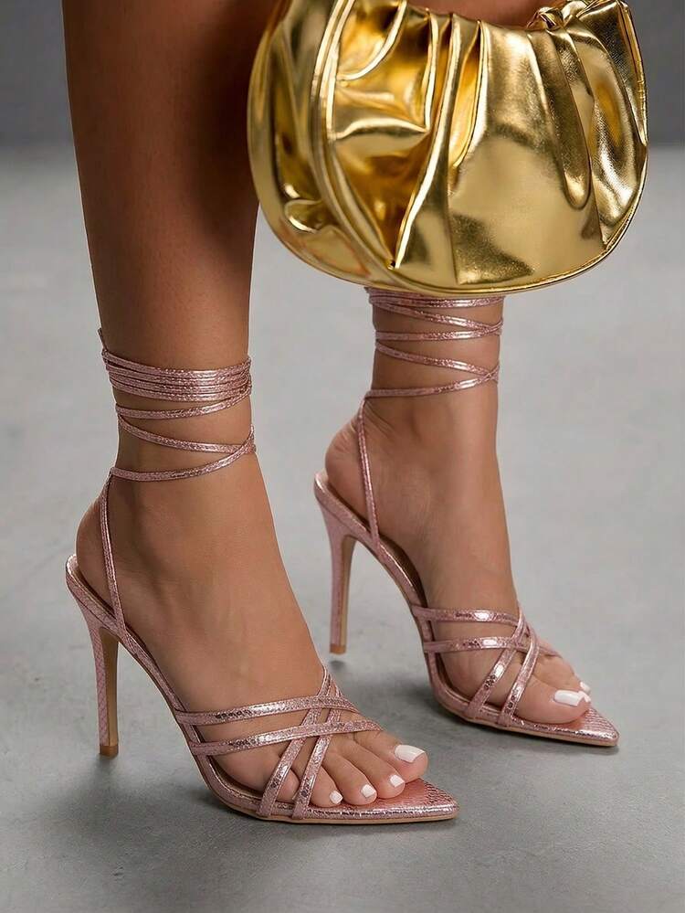 CUCCOO SZL Women Shoes Champagne Snake Stripe Strap Cross Strap Element Fashion Sexy Party Banquet Spring And Summer Catwalk High Heel Women High Heel Pointed Sandals