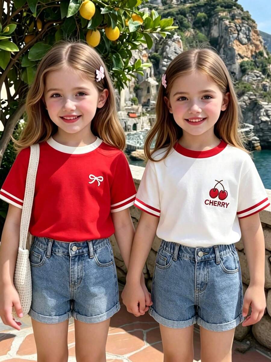 Elladie kids 女童撞色短袖T恤,甜美百搭:白色底色+红色滚边撞色设计,搭配红色樱桃图案——清新可爱,经典百搭;红色底色+白色滚边撞色设计,白色蝴蝶结装饰,简约而不失细节,吸睛又活泼。春夏日常必备单品 - 彩色 - 查看 1