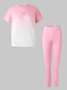 SHEIN Ensemble 2 pièces pour préadolescentes : T-shirt + Leggings, Tenue de sport élastique colorée pour le yoga/l'entraînement/la course à pied - Rose bonbon - Voir 4