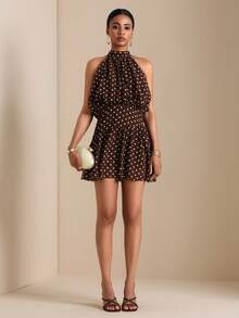 SHEIN Veneréa 女士优雅波点印花露背迷你连衣裙，夏季 - 咖啡 - 查看 3