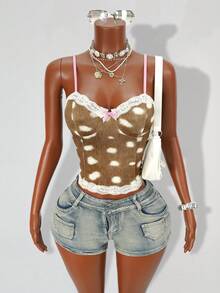 Mistrie Women's Deer Print Faux Fur Lace Trim Spaghetti Strap Cropped Camisole Top, Sweet Sexy Style Layering Shirt Golf White Autumn - Multicolor - View 8