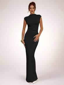 SHEIN BAE Apricot Asymmetric Ruched Bodycon Dress, Elegant Basic Minimalist Long Dress, Spring/Summer - Black - View 3