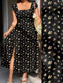 Sunnyshic Ditsy Floral French Collar Slit Dress, Vacation Style - Black - View 1