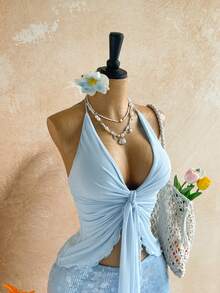 Soleia New Y2K Floral Print Front Tie Fashionable Halter Neck Camisole For Women,Summer Top - Blue - View 4
