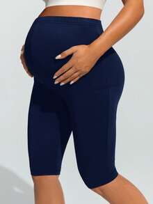 SHEIN Maternity Casual Solid Color Elastic Waist Pocket Lifting Leggings - Navy Blue - View 4