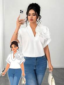 Elenzga Elegante Damen Bluse in Große Größen mit 3D-Blumenapplikation, tiefem V-Ausschnitt und ärmellos, weiß, sommerlich, für Party, lässig und Smart, für den täglichen Gebrauch - Beige - Übersicht 6