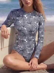 SHEIN Swim SPRTY Women's Full Print Long Sleeve Rash Guard And Triangle Bikini Bottom 2-Piece Swimsuit Set, Suitable For Vacation, Beach - Blue and White - View 6