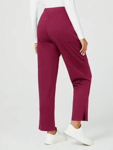 TaskEZ Women's Solid Color Elastic Waist Casual Everyday Scrub Pants - Burgundy - View 2