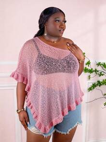 CurvyTilda Poncho décontracté en crochet semi-transparent à volants pour femmes grandes tailles en vert, convient pour les sorties d'été et les rendez-vous, pour les formes en sablier - Rose pâle - Voir 4