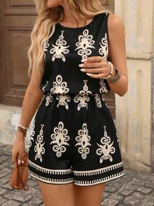 Brillora Bộ áo liền quần nữ in họa tiết Bohemian, kiểu dáng thường ngày, thích hợp cho kỳ nghỉ biển. - màu đen - Xem 9