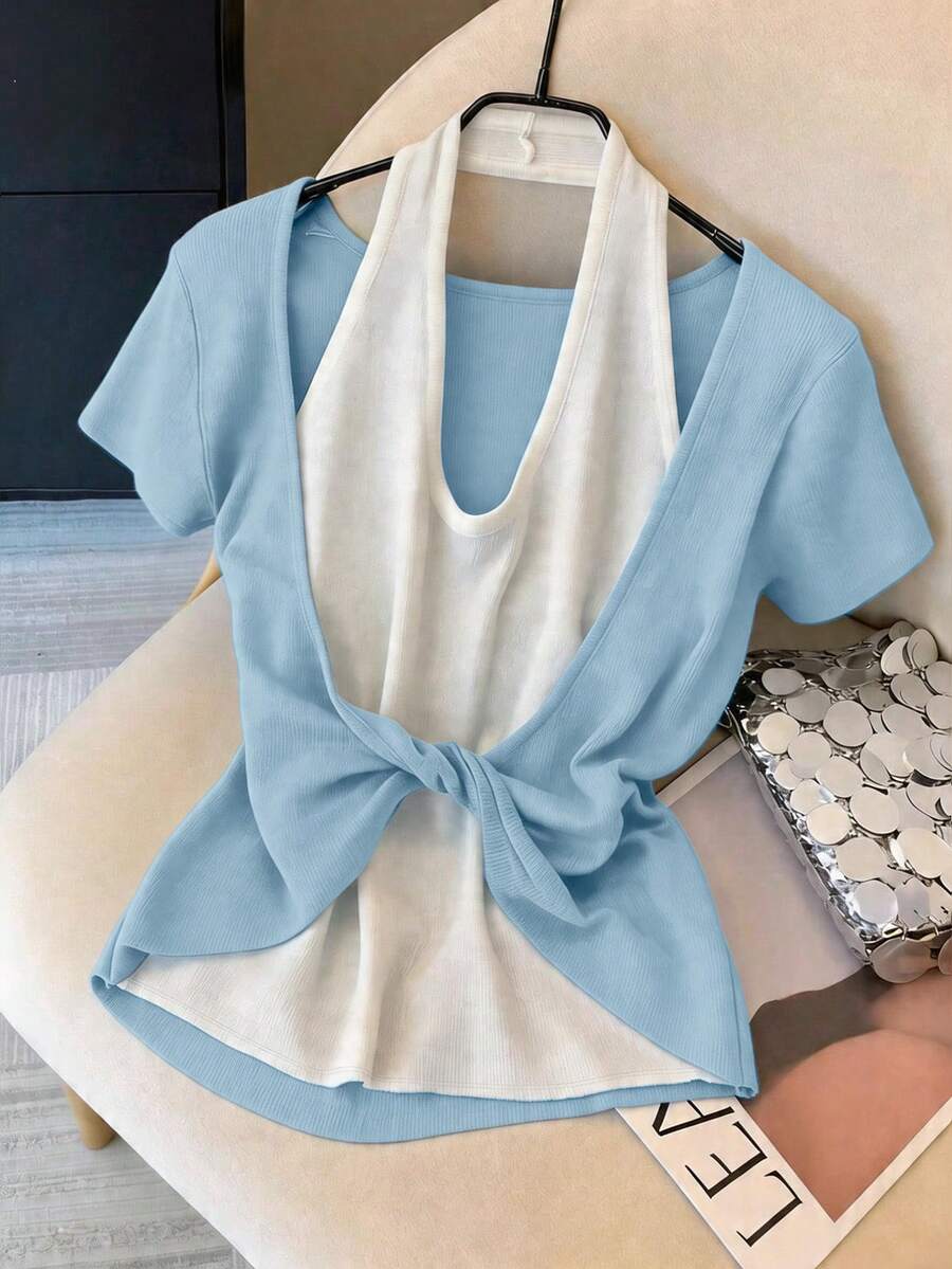 GlowEve Áo dệt kim 2 trong 1 cổ yếm thời trang mùa hè dành cho nữ, áo thun tay ngắn dáng rộng phối màu tương phản với phần trước xoắn. - Nhiều màu - Xem 1