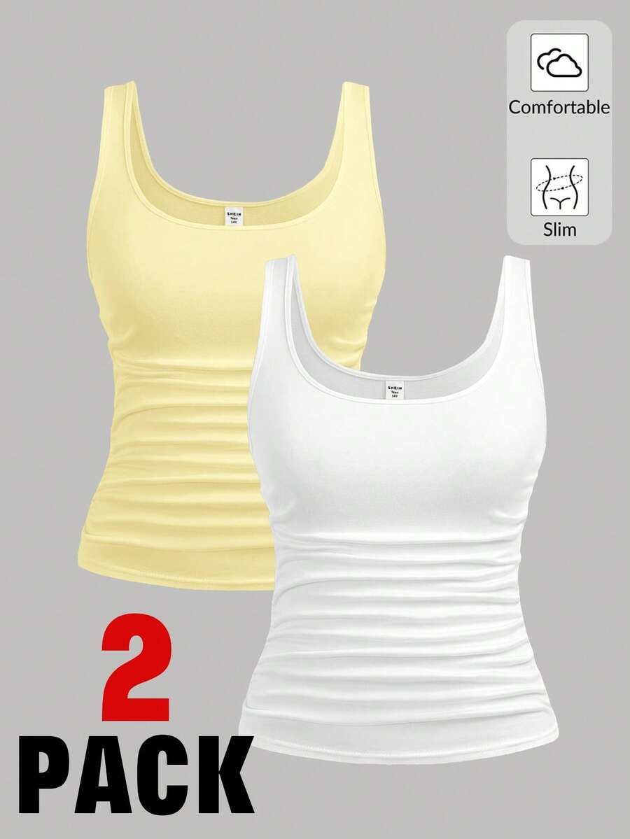 SHEIN Girlism 2pcs Teen Girls Casual Scoop Neck Ruched Tank Top Set, Yellow & White, Suitable For Daily Wear, Versatile, Home Fitted Tops - Yellow - View 1