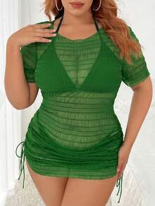 Swim Lushoire Plus Size Solid Color Sheer Beach Cover Up Summer Sexy - Green - View 3