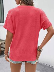 EMERY ROSE Women's Solid Color Button Design Short Sleeve Casual T-Shirt Vacation Red Summer - Red - View 2