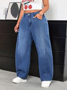 SHEIN ICON 大码女式口袋纽扣休闲百搭日常牛仔裤 - 藍色 - 查看 4