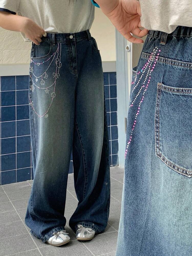 Dazy Plus Rhinestone Embellished Flare Jeans, Elegant Casual Pants, Plus Size Women, All Season