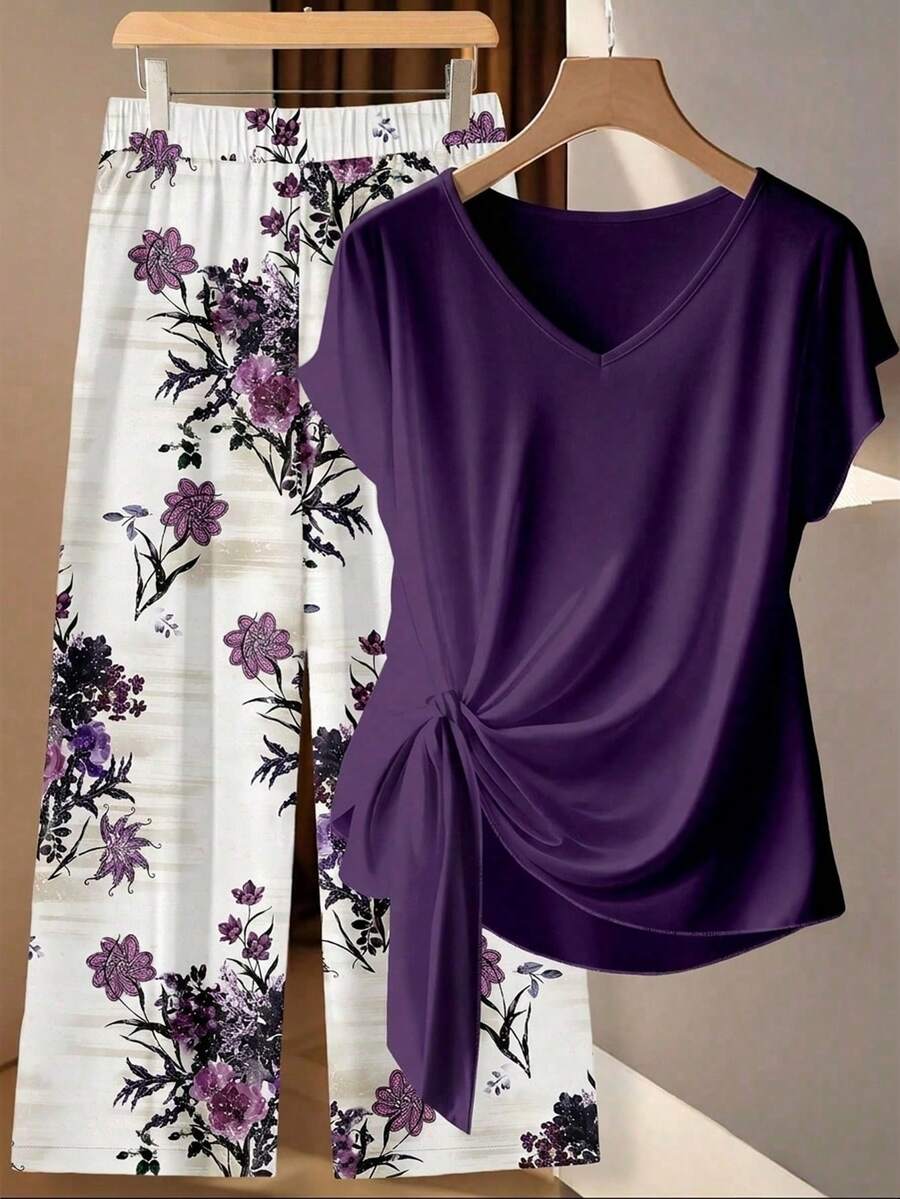 Plus Size V-Neck Short Sleeve Casual Knotted 2 Pieces Set, Summer - Multicolor - View 1