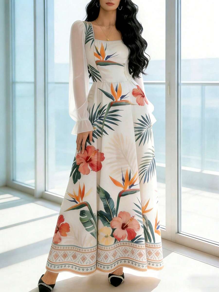 Modelyn 黑色波点印花时尚方领灯笼袖设计女士简约长连衣裙,夏季收腰优雅长裙,适合夏季度假和日常穿着 - 彩色 - 查看 1