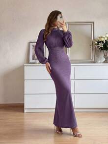 Modelyn Luxury Evening Gown, Stand Collar Long Sleeve Rhinestone Embellished Elegant Formal Dress - Purple - View 6