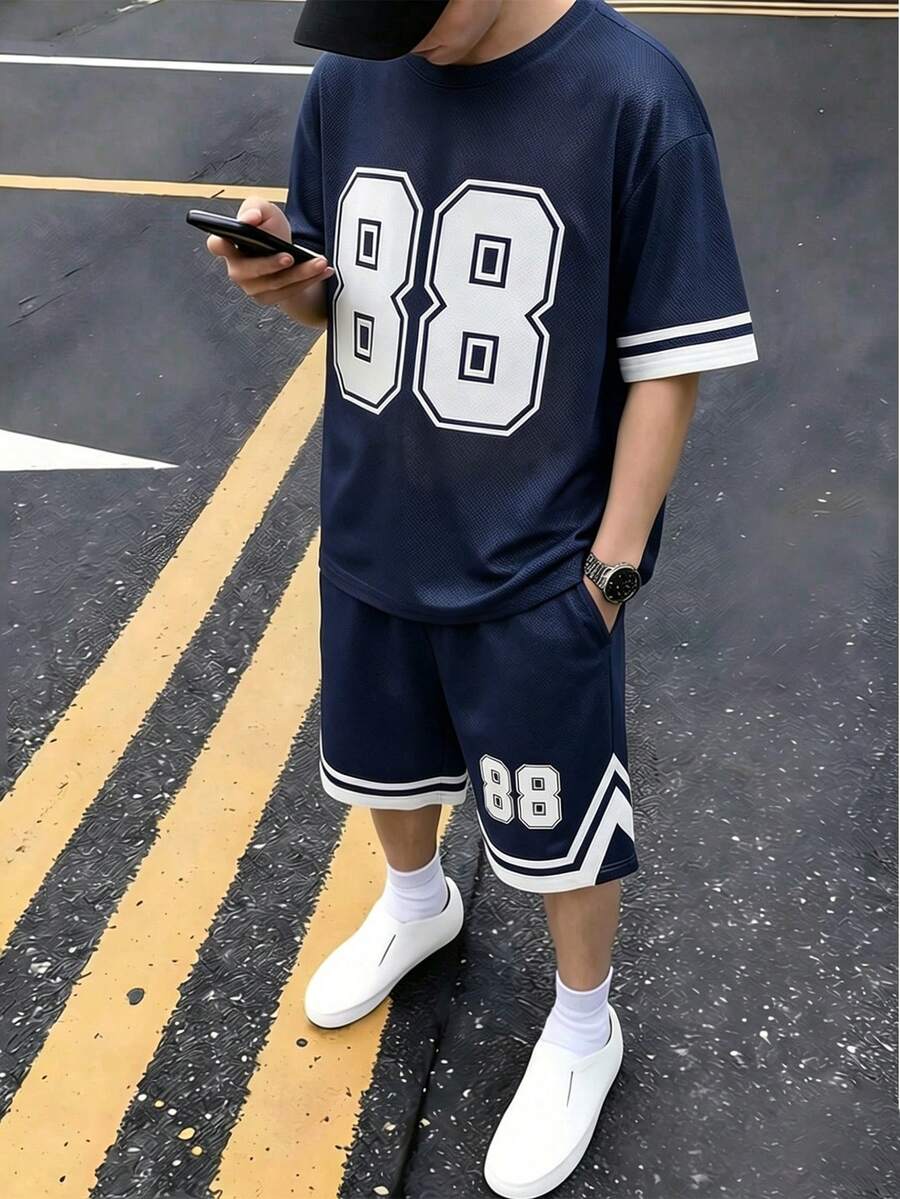 Coolqubz 两件套青少年男童夏季短袖短裤套装,时尚针织网布数字条纹印花,休闲日常运动校园风户外通勤青少年服装 - 藍色 - 查看 1