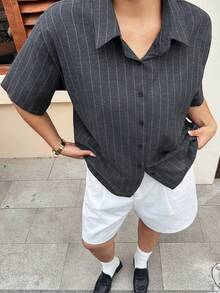 Dazy Plus Striped Loose Fit Short Sleeve Black Casual Shirt Summer - Navy Blue - View 7