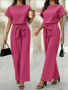 Editum Women's New Elegant Round Neck Jumpsuit With Waist Cinching, Slimming, Simple Commuter Wrinkle-Resistant Romper With Belt - Hot Pink - View 6