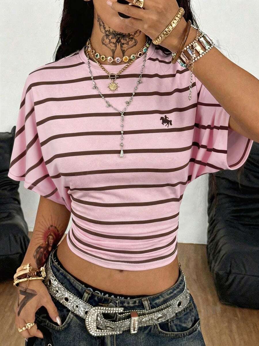 Coolane Women's Casual Striped Ruched Waist Cropped T-Shirt, Summer,Summer Top - Multicolor - View 1